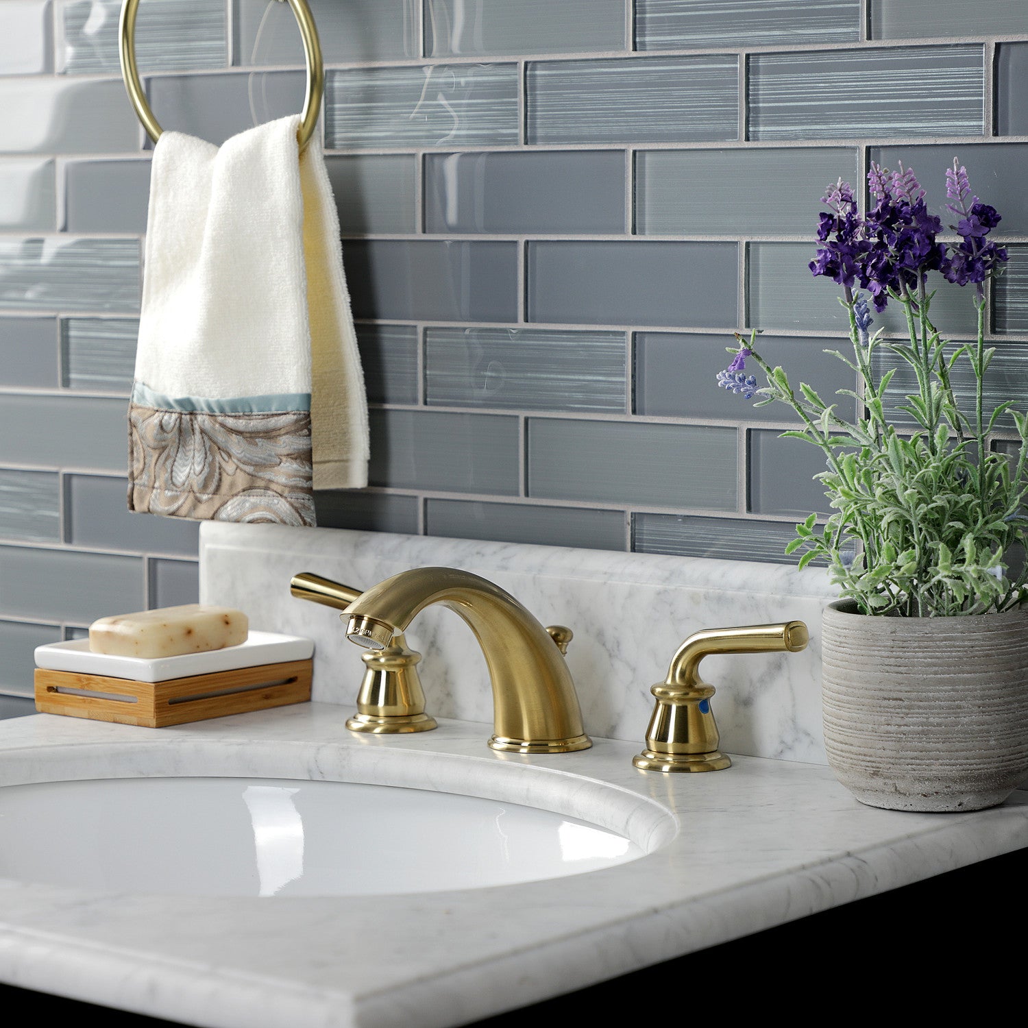 Kingston Tulare KB967RXLSB - Restoration Two-Handle 3-Hole Deck Mount Widespread Bathroom Faucet with Pop-Up Drain, Brushed Brass — thumbnail 3